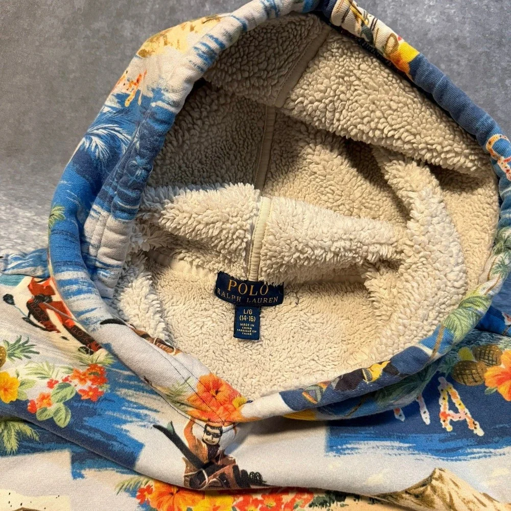 Polo Ralph‎ Lauren Kids L 14-16 Aloha Ski Hawaii Sherpa Lined Hoodie Blue Multi